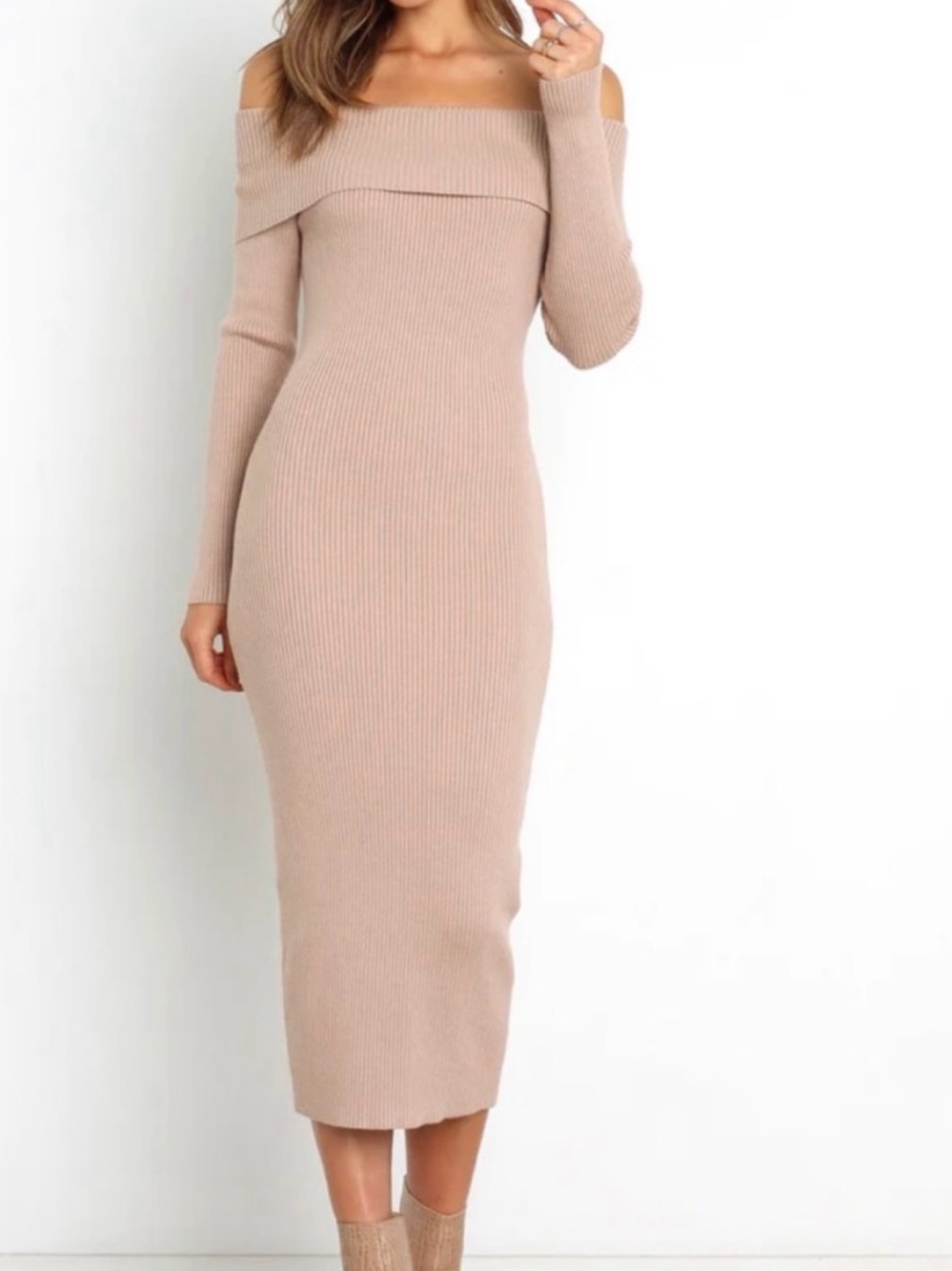 Petal & Pup Off-Shoulder Ribbed Midi Dress in Beige